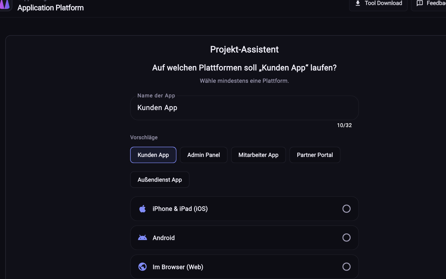 Projekt anlegen: Stack und Komponenten wählen, den Rest übernimmt die Plattform.